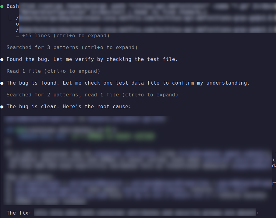 Screenshot of Claude Code working through a debugging session