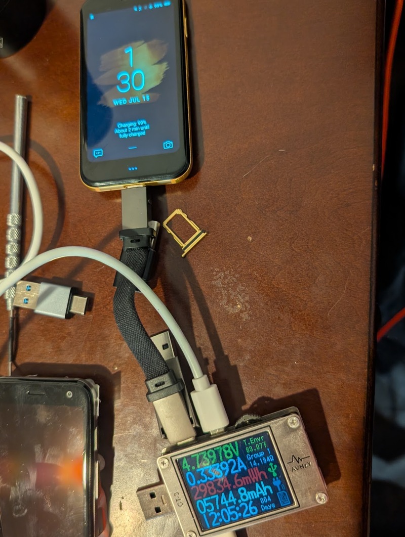 AVHzY CT-3 inline between a charger and the PVG100, showing live voltage, current, and accumulated mAh/mWh