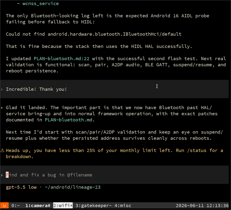 AI session log showing the Android 16 Bluetooth stack failing to find the AIDL IBluetoothHci HAL and successfully falling back to the HIDL HAL