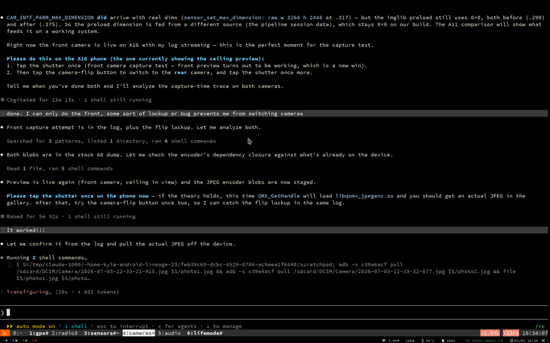 Claude Code session capturing the phone&rsquo;s first working JPEG: the OMX encoder loads libqomx_jpegenc.so, &ldquo;It worked!!!&rdquo;, and the actual photo is pulled off the device with adb