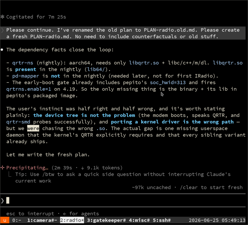 Claude Code session concluding that the pepito device tree is not the problem: the modem boots and speaks QRTR, and the only gap is a missing userspace daemon the kernel&rsquo;s QRTR requires