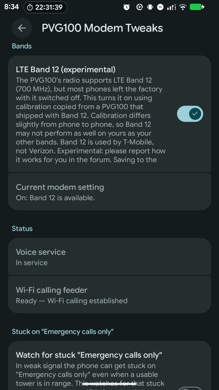 PVG100 Modem Tweaks, Bands section: the “LTE Band 12 (experimental)” switch turned on, with the status row below it reading “On: Band 12 is available.”