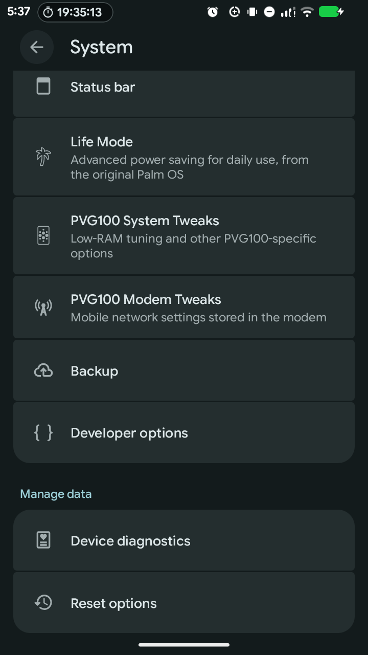Android System settings showing two new entries: “PVG100 System Tweaks” (low-RAM tuning and other PVG100-specific options) and “PVG100 Modem Tweaks” (mobile network settings stored in the modem), next to “Life Mode” (advanced power saving from the original Palm OS)